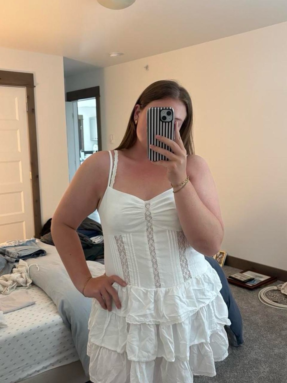 White Ruffle Tiered Sundress with Lace Insets